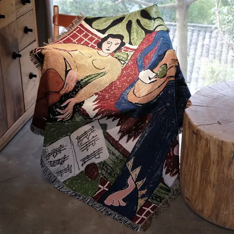 Arazzo Tessuto Arte Astratta Vintage Coperta Decorativa Cotone Poliestere Figura Artistica Decorazione Parete Divano Con Nappe