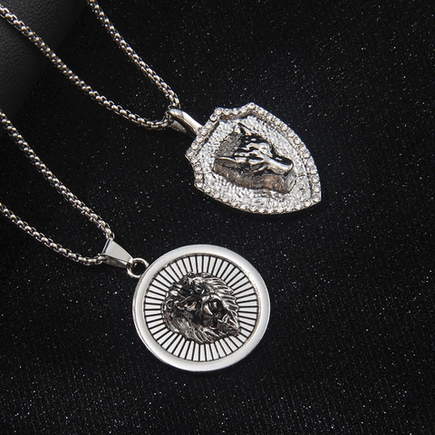 Collar Con Colgante De Cabeza De León Cabeza De Lobo Escudo Aleación Strass Cadena Acero Inoxydable Joyería Hip Hop Hombre Mujer