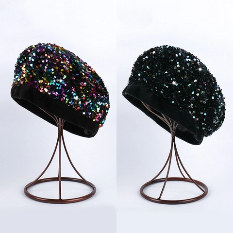 Women Vintage Shimmering Sequin Beret Hat Fashion Flocking Sequin Painter Hat Warm Winter Pumpkin Cap For Party Performance