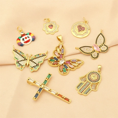 18K Vergoldete Kupfer Anhänger Zirkonia Emaille Böser Blick Hamsa Hand Kreuz Schmetterling Für DIY Schmuckherstellung