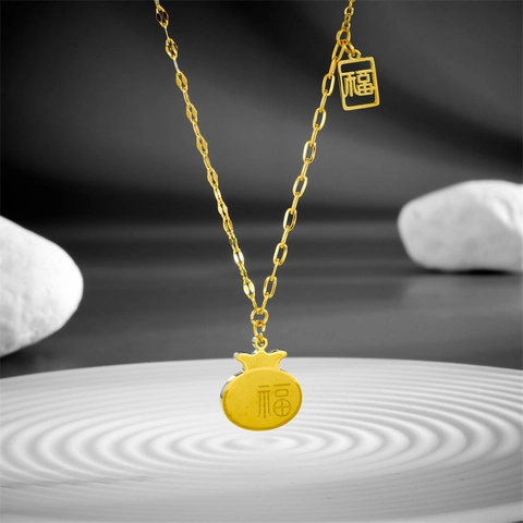 Fu Character Gourd Money Bag Pendant Necklace Stainless Steel Gold Color Chinese Style Elegant Jewelry For Women