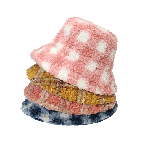 Vintage Plaid Lamb Wool Bucket Hat For Women Winter Warm Soft Checkerboard Pattern Casual Outdoor Fisherman Hat Fashion Accessories