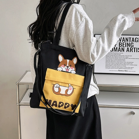 Borsa A Tracolla In Tela Con Stampa Corgi Cartone Animato Borsa Tote Grande Capacità Multiuso Per Donne Studentesse