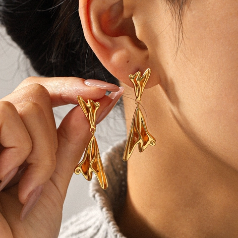 Pendientes Colgantes De Acero Inoxidable Diseño Geométrico Fluido Irregular Bicolor Brillo Metálico Moda De Alta Gama Para Mujer