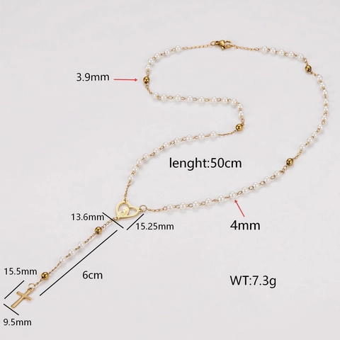 French Sweet 304 Stainless Steel Necklace With Faux Artificial Pearl Mixed Color Beads Heart Medal Cross Pendant Women Jewelry