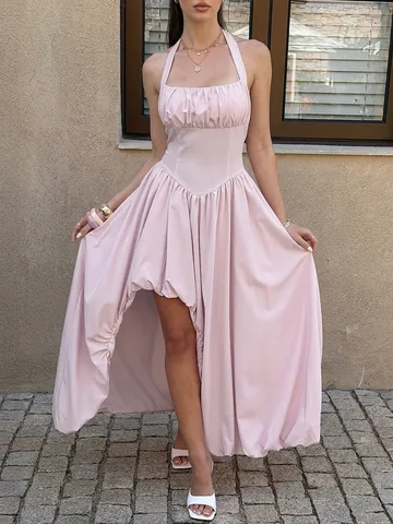Vestito Maxi Halter Donna Poliestere Busto Arricciato Elegante Spacco Alto Schiena Scoperta Orlo Irregolare Festa Sera