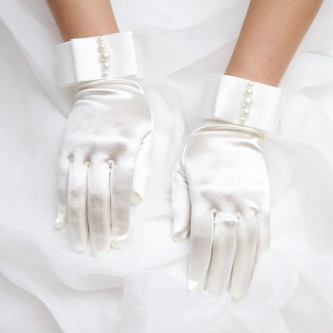 Satin Short Gloves With Bow And Artificial Pearl Decoration Elegant Wedding Party Formal Accessories For Women
