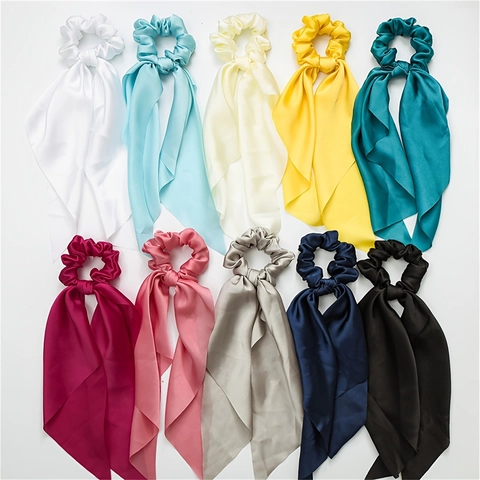 Solid Color Satin Scarf Scrunchie With Long Streamers Knotted Bow Elastic Hair Ties French Elegant For Women Girls