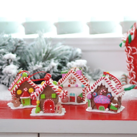 Christmas Gingerbread House Hanging Ornaments Polymer Clay Miniature Candy House Festive Holiday Decoration Handcrafted Style