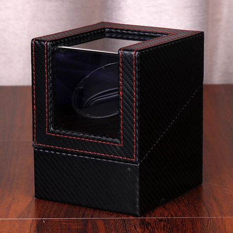 Caja Watch Winder Automática Individual Cuero PU Textura Fibra de Carbono Motor Silencioso Estuche de Almacenamiento para Relojes