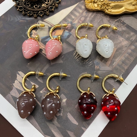 Pendientes Colgantes Fresa Con Poste Plata Ley 925 Aleación Resina Perla Artificial Sintética Estilo Francés Vintage Mujer