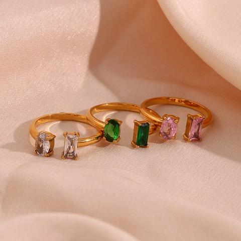 Bague Ouverte En Acier Inoxydable Pour Femmes Ajustable Géométrique Plaquée Or Rectangle Ovale Zirconia Bijoux Chic