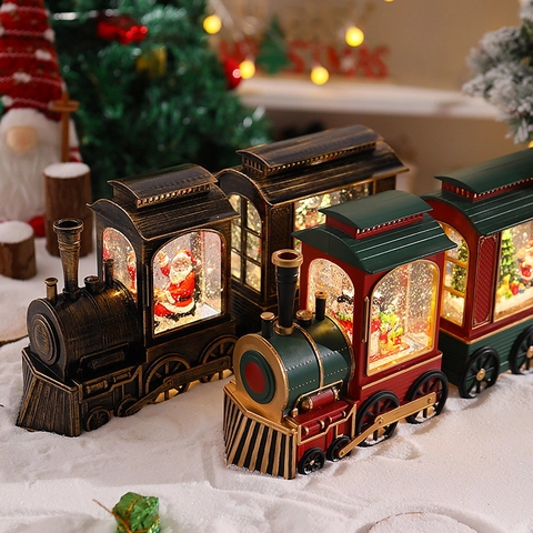 Train Boule De Neige Noël Boîte Musique Lumineuse LED Père Noël Bonhomme Neige Eau Pailletée Décoration Fête