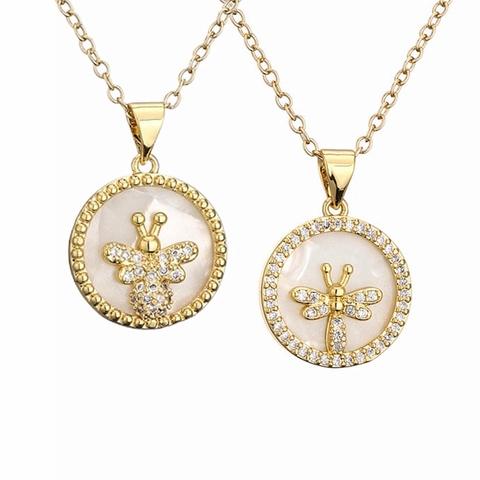 Collar Con Colgante Redondo Cobre Chapado En Oro Micro Incrustaciones Circón Nácar Blanco Luna Estrella Abeja Para Mujer