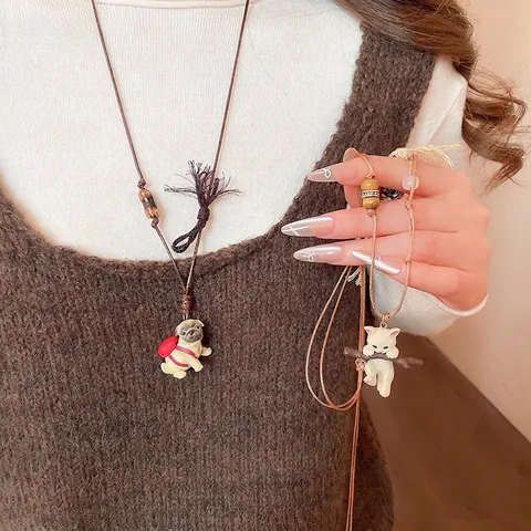 Collier Pendentif Animal Dessin Animé Céramique Bois Perles Corde De Cire Longue Chaîne Pull Chat Chien Bijoux À La Main