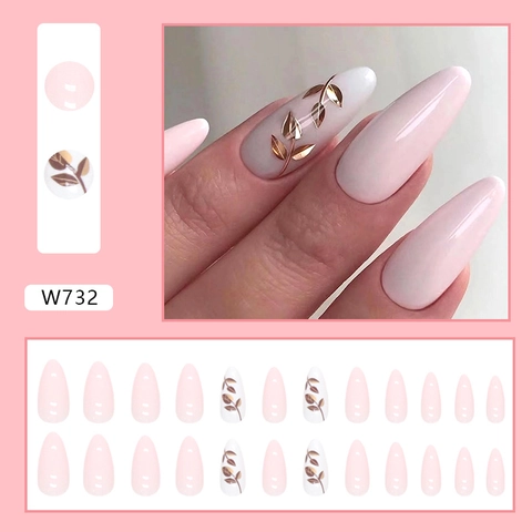 Mandel Druck Auf Nägel Goldfolie Blattmuster Rosa Weiß Elegant Glänzend Tragbare Künstliche Fingernägel Für Frauen