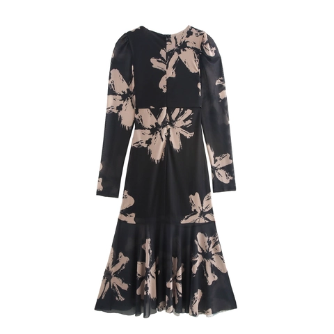 Elegantes Damen Maxi Kleid Mit V Ausschnitt Langarm Blumendruck Netzstoff Raffung Und Fischschwanz Saum