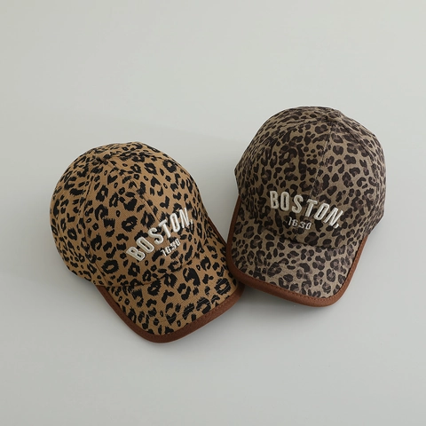 Kids Leopard Print Baseball Cap With Boston 1630 Embroidery Contrast Trim Adjustable Sun Hat For Toddler Boys Girls