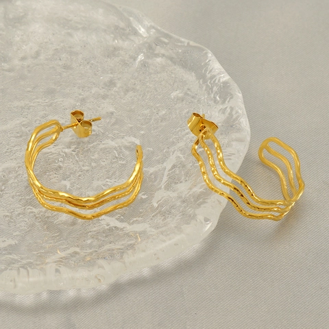 Stainless Steel Hoop Earrings 18K Gold Plated Geometric Hollow Out C-Shaped Retro Luxury Fashion Jewelry For Women