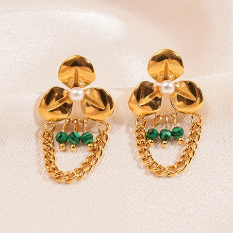 Pendientes Colgantes De Flor Acero Inoxidable Con Cuentas De Malaquita Verde E Imitación De Perla Artificial Blanca Joyería Estética Vintage Mujer
