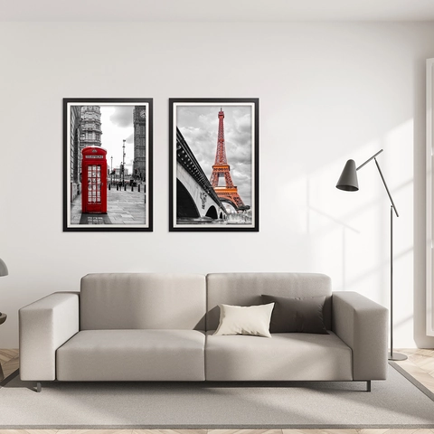 Framed Wall Art London Street Red Telephone Booth Black White Photography Minimalist Home Office Decor Wooden Frame