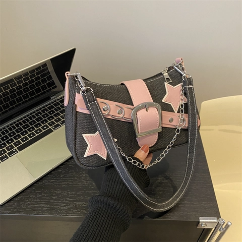 Denim Shoulder Bag Y2K Star Patch Underarm Handbag Metal Chain PU Leather Contrast Retro Streetwear For Women Girls