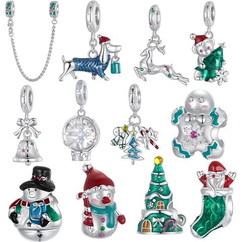 925 Sterling Silver Christmas Charms Gingerbread Man Tree Snowman Rhinestone Beads For DIY Bracelet Women Jewelry Making