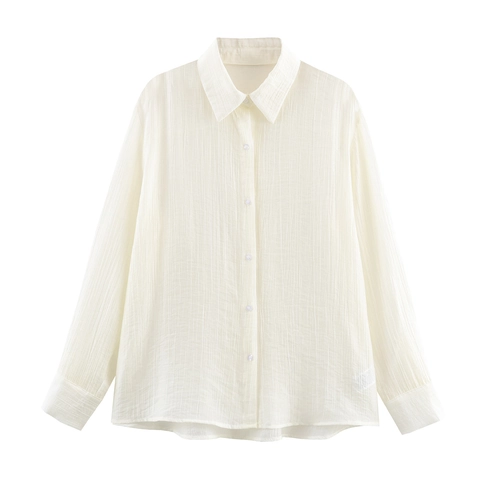 Women Long Sleeve Blouse Crinkle Textured Button Down Shirt Lapel Loose Casual Office Top