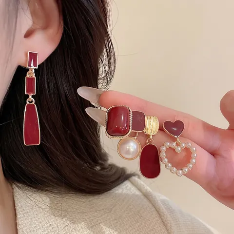Vintage Elegante Weinrote Emaille Herz Quadrat Ohrstecker Mit Künstlicher Künstliche Perle Und Silbernem Ohrstift Damen Schmuck