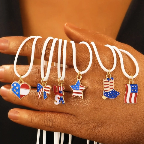 USA Independence Day Alloy Enamel Pendant Necklace Flag Star Heart Bow USA Letter Wax Cord Jewelry For Party Women Men