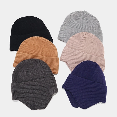 Winter Beanie Hat With Earflaps Core-Spun Yarn Knit Warm Windproof Outdoor Ribbed Fold-Over Cuff For Men And Women