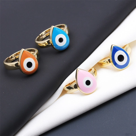 Teardrop Evil Eye Open Ring Koper Verguld Verstelbaar Emaille Micro Pave Mode Sieraden Voor Dames