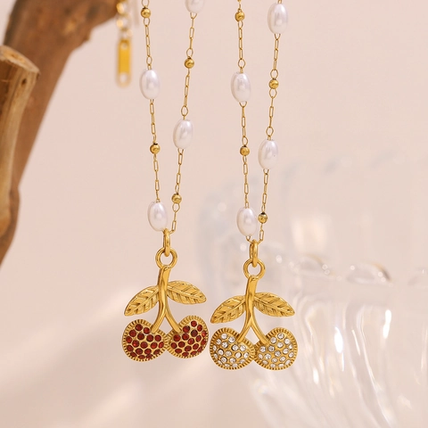 Collar Con Colgante De Cereza De Acero Inoxidable Chapado En Oro 18K Con Perlas Artificiales De Imitación Y Gemas Sintéticas Mujer