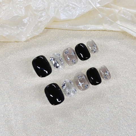 Unghie Finte Press On Fatte A Mano Nero Glitter Strass Stella Smudge Corto Quadrato Tondo Per Donne