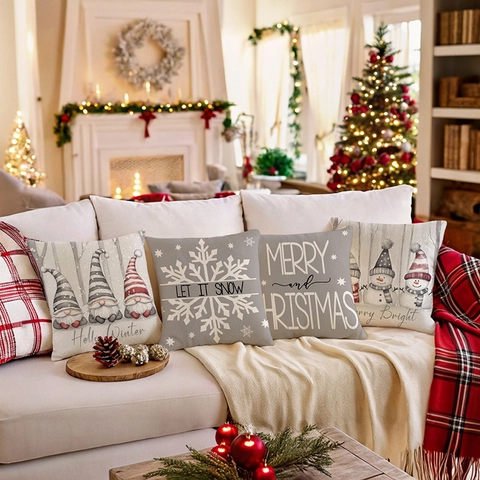 Weihnachts Deko Kissenbezüge Leinen Polyester Schneeflocke Schneemann Gnom Druck Winter Zierkissenhüllen