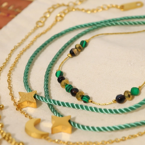 Bracciale Multistrato Acciaio Inossidabile Bohemien Placcato Oro Stella Luna Ciondolo Perline Gioielli Donna Regolabile