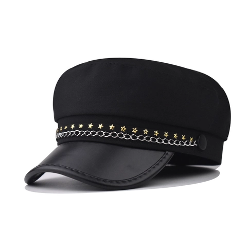 Vintage Women Newsboy Baker Boy Hat With Pentagram Star Rivets And Metal Chain PU Leather Brim Retro Military Sailor Cap