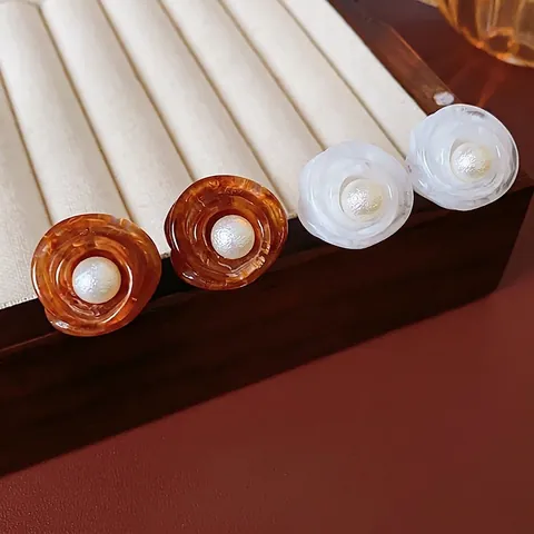 Pendientes De Botón De Flor Con Pétalos De Resina Perla Artificial De Imitación Y Poste De Plata De Ley 925 Estilo Vintage Francés Mujer