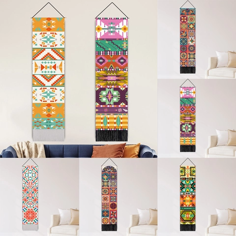 Arazzo Da Parete Bohémien In Tessuto Poliestere Cotone Mandala Geometrico Con Asta In Legno E Nappe Per Arredamento Casa