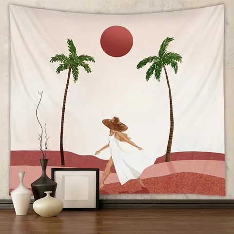 Arazzo Da Parete Bohemien Tessuto Poliestere Illustrazione Minimalista Spiaggia Donna Palme Sole Rosso Arte Decorazione Camera Da Letto