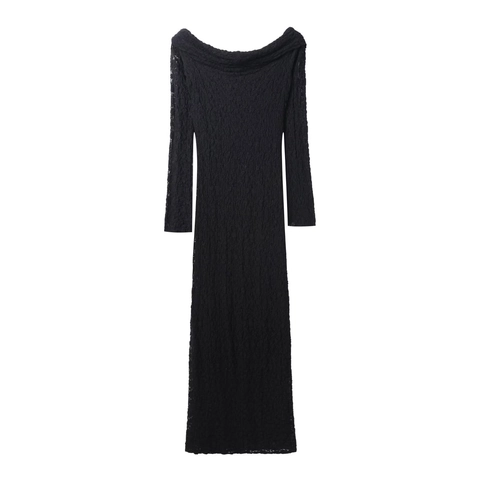 Elegantes Maxi Kleid Aus Spitze Schulterfrei Hohl Bestickt Langarm Körperbetontes Partykleid Damen