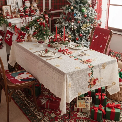 Christmas Tablecloth Polyester Lace Embroidered Rectangular Holiday Dining Table Cover American Style Snowflake Bells