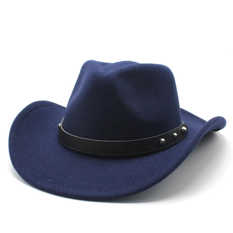 Western Cowboy Hat Felt Fedora Wide Brim Riveted Leather Band Vintage Punk Jazz Style Unisex Outdoor Sun Hat