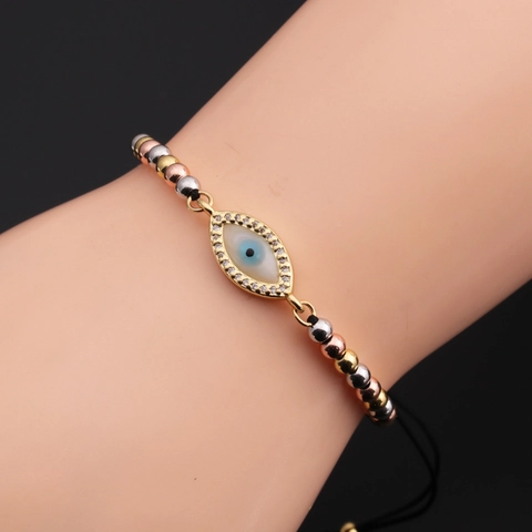 Evil Eye Bracelet Copper Cubic Zirconia Adjustable Braided Rope Beaded Bohemian Jewelry For Women