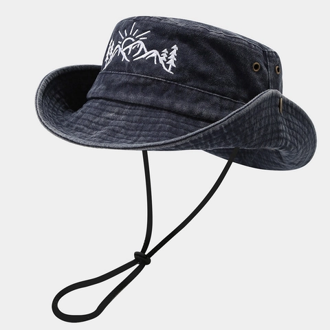 Cappello Alla Pescatora In Cotone Lavato Con Ricamo Protezione Solare Cappello Da Trekking Corda Antivento Vintage