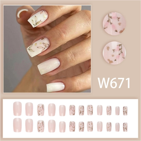 Press On Nails Square Artificial Fake Nail Tips With Leaf Pattern Gold Foil Detail Reusable Elegant Manicure Accessory