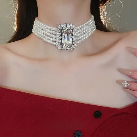 Multi Layer Artificial Pearl Jewelry Necklace Bracelet And Earrings With Zircon Alloy 925 Sterling Silver Earring Post