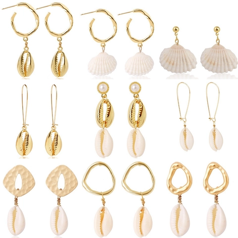 Natural Shell Artificial Pearl Drop Earrings Gold Alloy Handmade Bohemian Beach Ocean Style Jewelry For Women