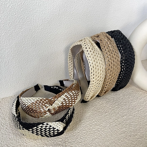 Dames Boho Raffia Stro Gevlochten Hoofdband Geknoopt Breed Vintage Haarband Zomer Strand Mode Haaraccessoires