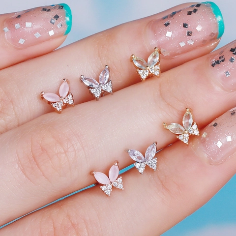 Butterfly Stud Dangle Earrings Alloy Zircon With Stainless Steel Earring Post Screw Back Ball Design For Women Elegant Trendy